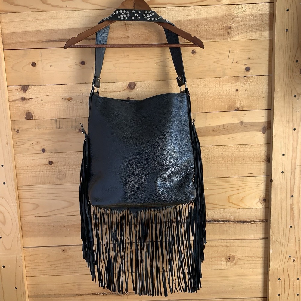 Two Bar West‎ Large Leather Purse Tote Fringes *Flaws* Stones Studded Western - Picture 9 of 10